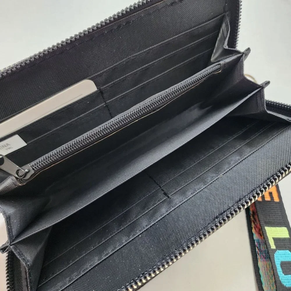 Black Pebble Leather Zip Around Wristlet Wallet with Colorful 